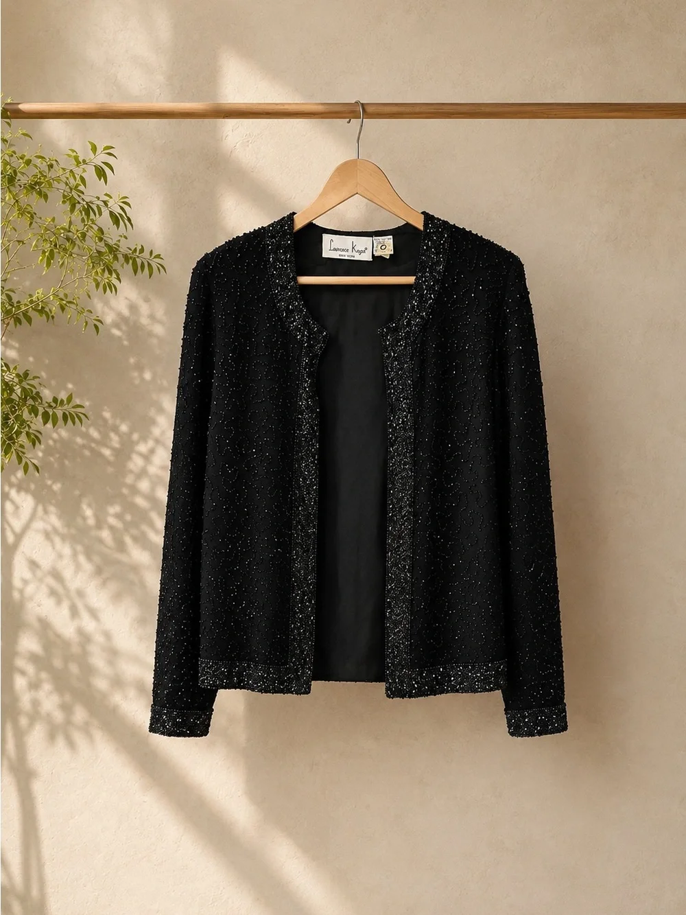 Laurence Kazar Black 100% Silk Beaded Jacket XL Vintage Evening Statement Top